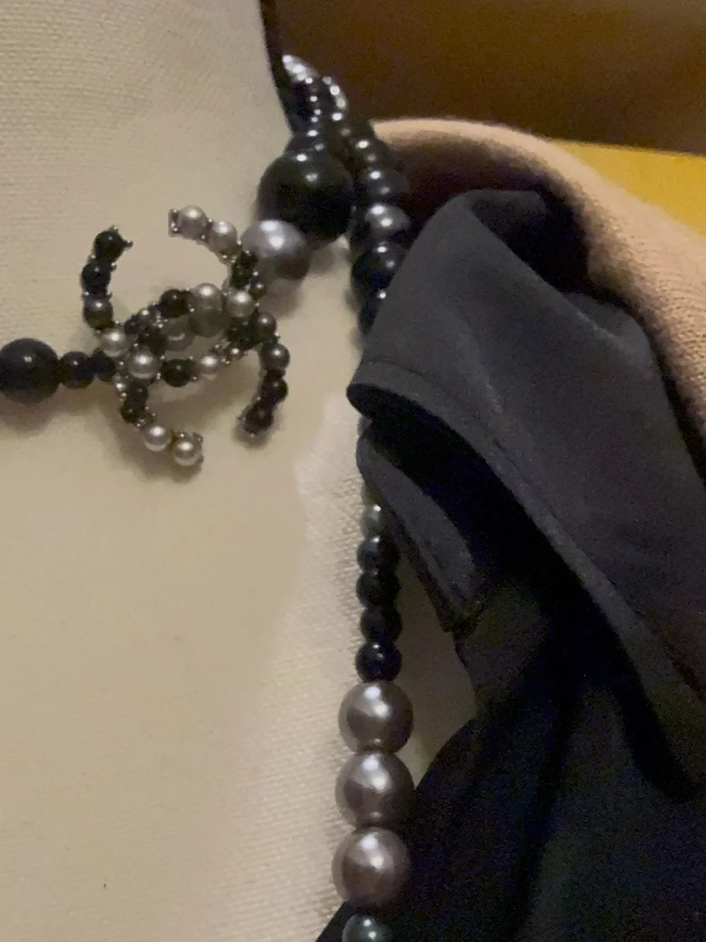 CHANEL Long Black and Silver Beaded Necklace with Pearl Accents